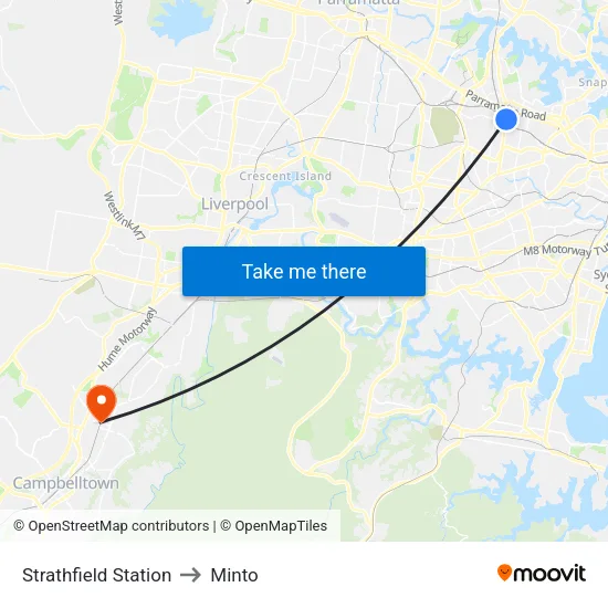 Strathfield Station to Minto map