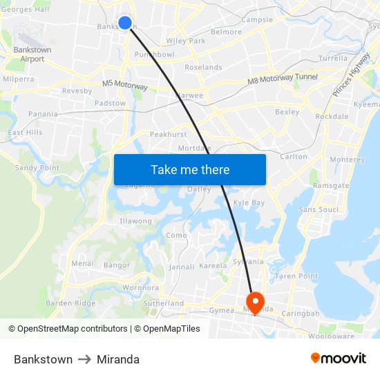 Bankstown to Miranda map