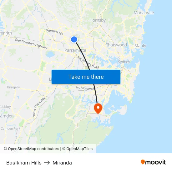 Baulkham Hills to Miranda map