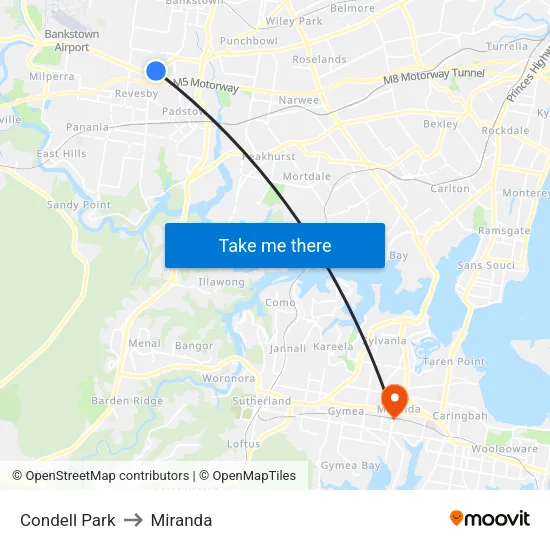 Condell Park to Miranda map