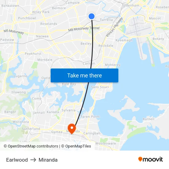 Earlwood to Miranda map