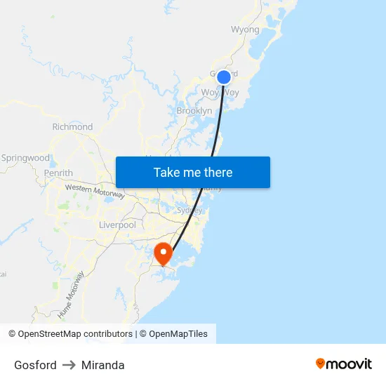 Gosford to Miranda map