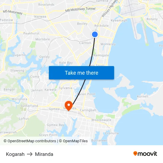 Kogarah to Miranda map