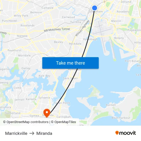 Marrickville to Miranda map