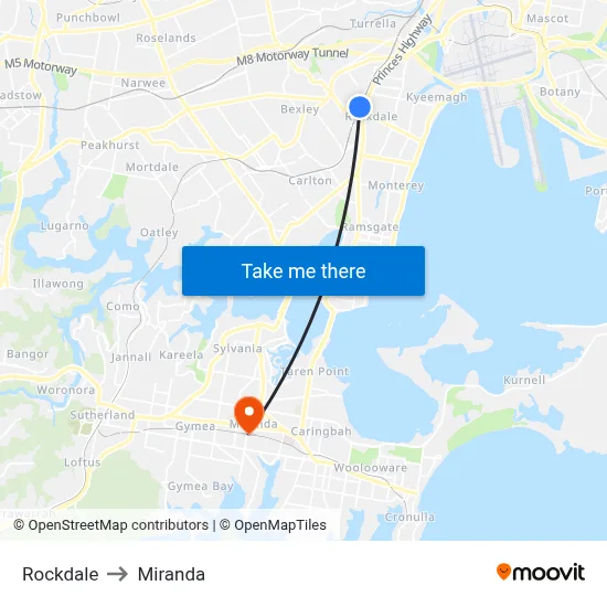 Rockdale to Miranda map