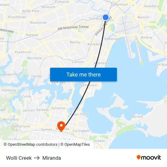 Wolli Creek to Miranda map