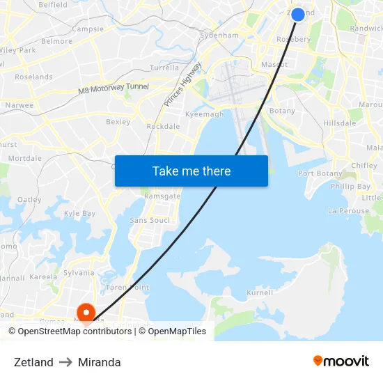 Zetland to Miranda map
