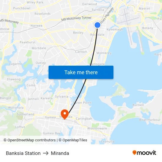 Banksia Station to Miranda map