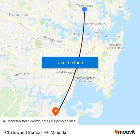 Chatswood Station to Miranda map