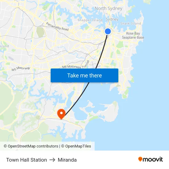 Town Hall Station to Miranda map