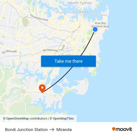 Bondi Junction Station to Miranda map