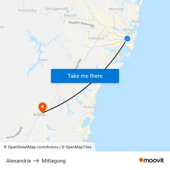 Alexandria to Mittagong map
