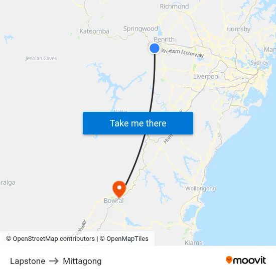 Lapstone to Mittagong map