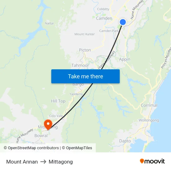 Mount Annan to Mittagong map
