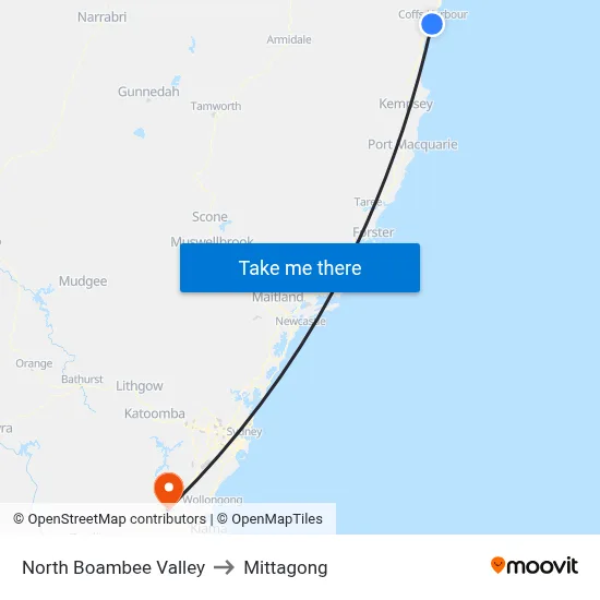 North Boambee Valley to Mittagong map