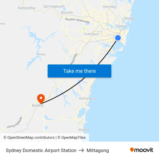 Sydney Domestic Airport Station to Mittagong map