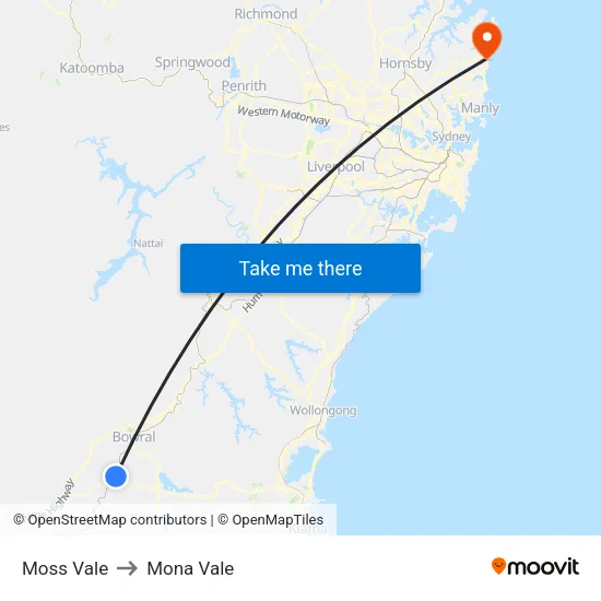 Moss Vale to Mona Vale map