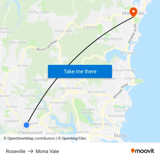 Roseville to Mona Vale map