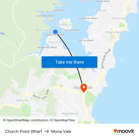 Church Point Wharf to Mona Vale map