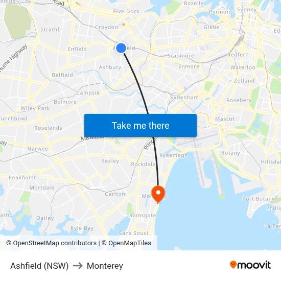 Ashfield (NSW) to Monterey map