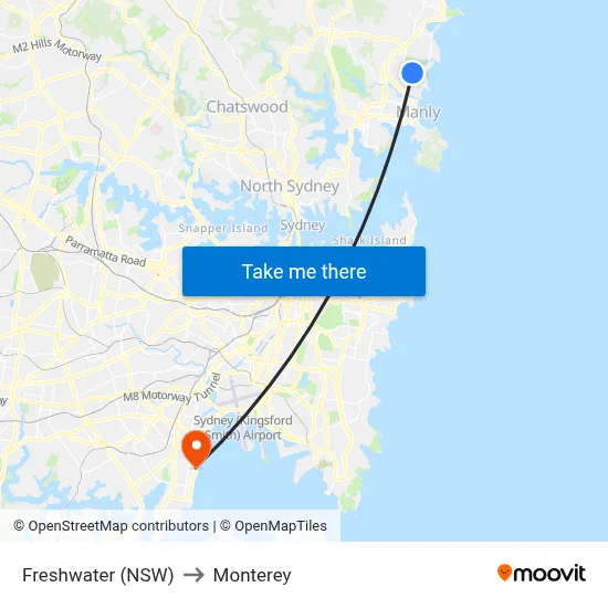 Freshwater (NSW) to Monterey map