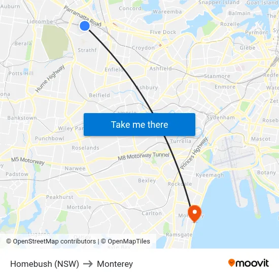 Homebush (NSW) to Monterey map