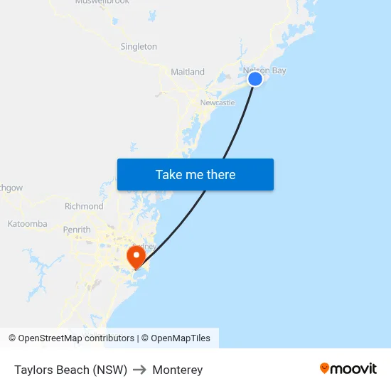 Taylors Beach (NSW) to Monterey map