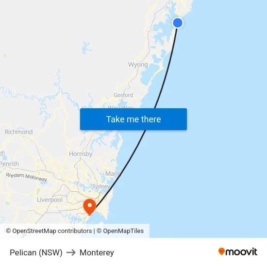 Pelican (NSW) to Monterey map