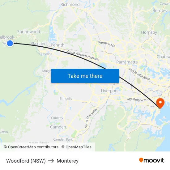 Woodford (NSW) to Monterey map