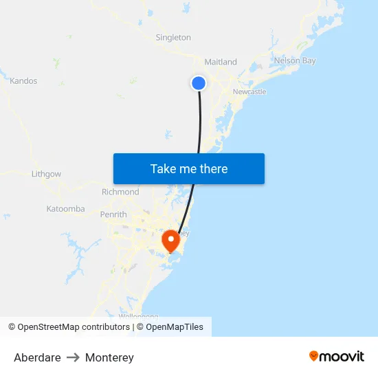 Aberdare to Monterey map