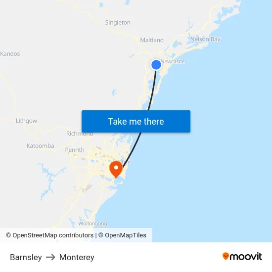 Barnsley to Monterey map