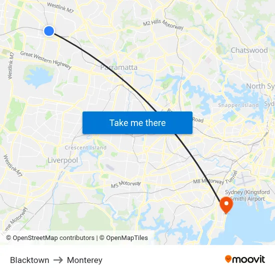 Blacktown to Monterey map