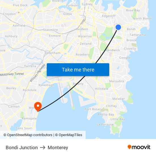 Bondi Junction to Monterey map