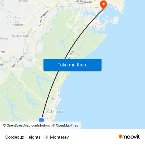 Cordeaux Heights to Monterey map