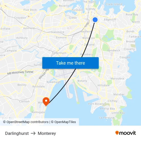 Darlinghurst to Monterey map