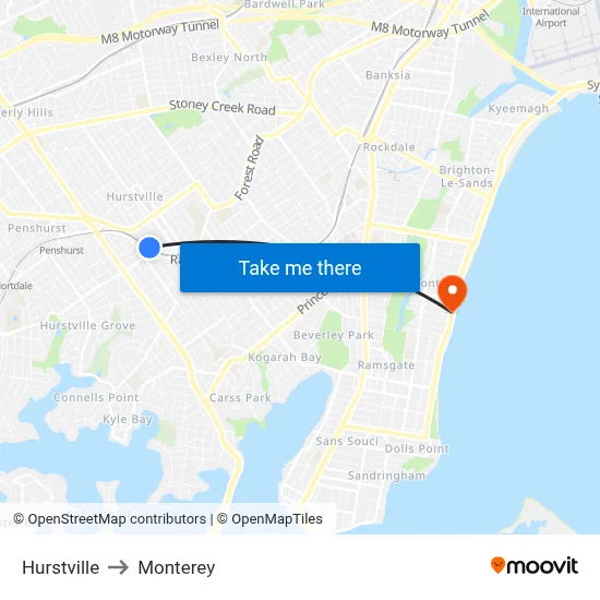 Hurstville to Monterey map