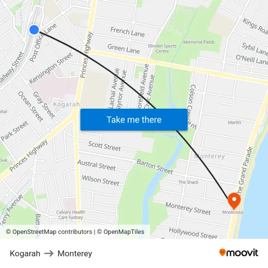 Kogarah to Monterey map