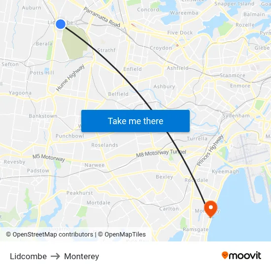 Lidcombe to Monterey map