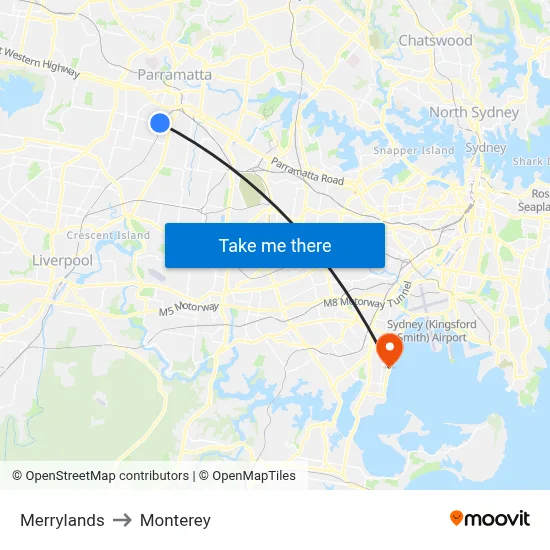 Merrylands to Monterey map