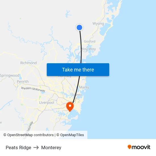 Peats Ridge to Monterey map