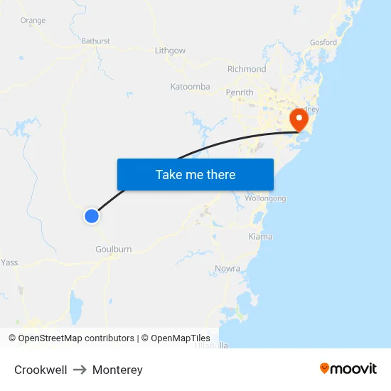 Crookwell to Monterey map