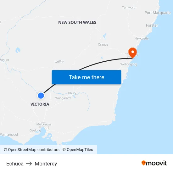 Echuca to Monterey map