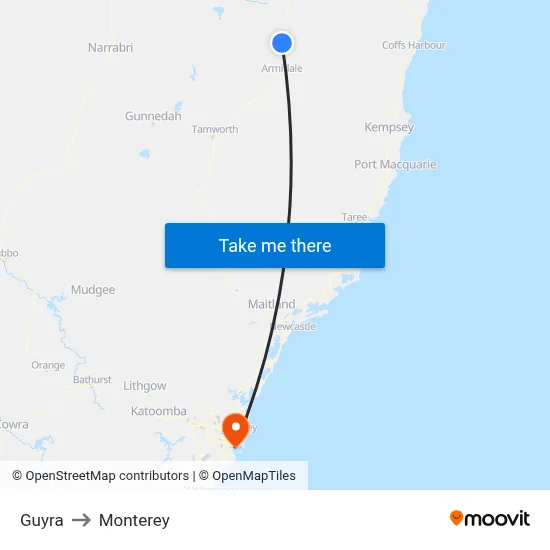 Guyra to Monterey map