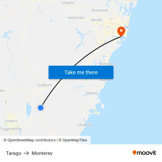 Tarago to Monterey map