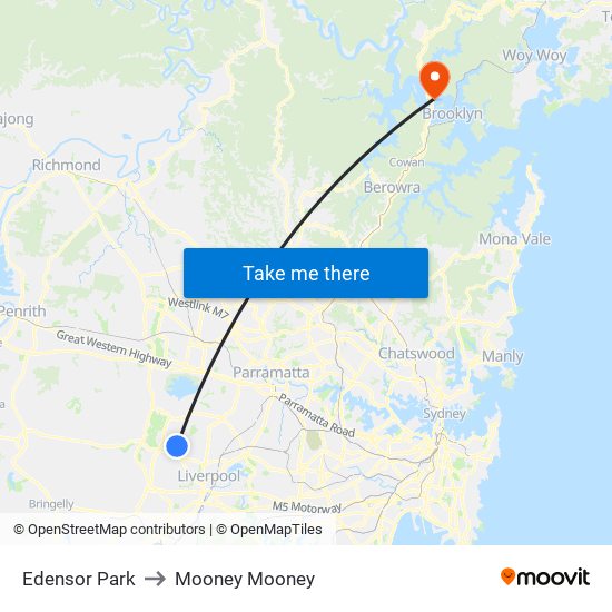 Edensor Park to Mooney Mooney map