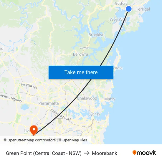 Green Point (Central Coast - NSW) to Moorebank map