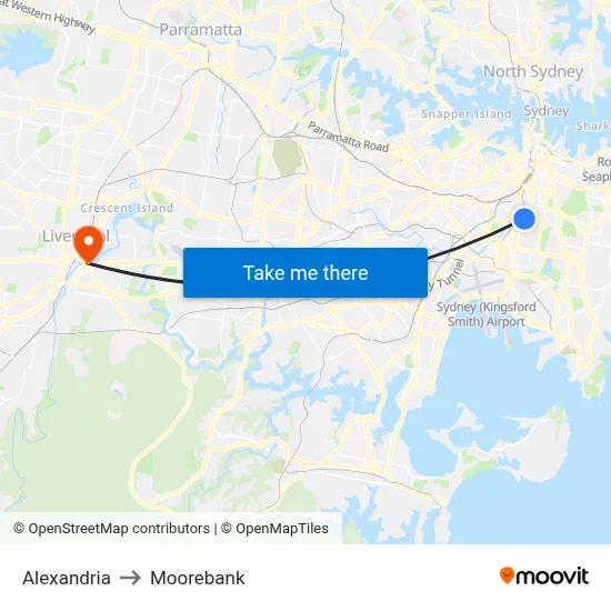 Alexandria to Moorebank map