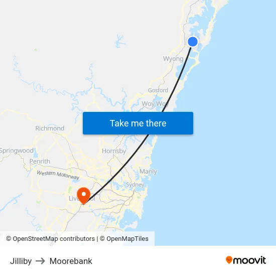 Jilliby to Moorebank map