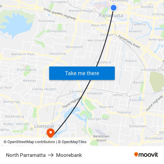 North Parramatta to Moorebank map