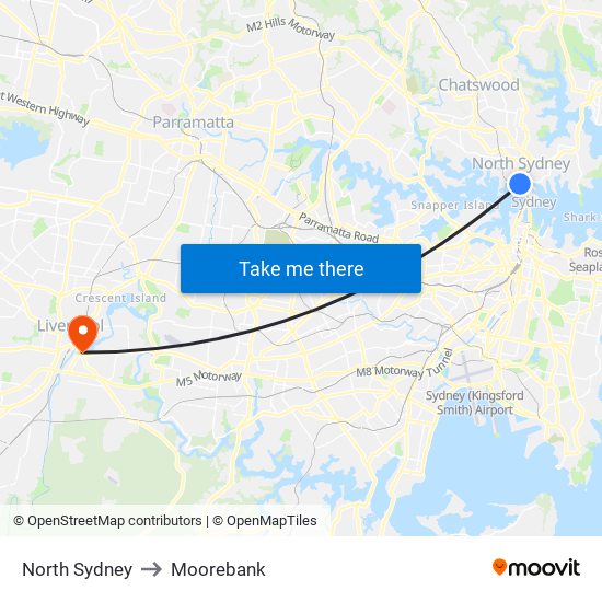 North Sydney to Moorebank map